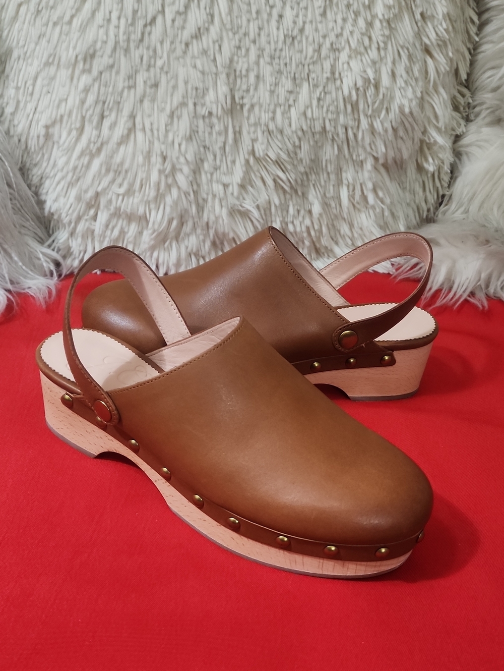 J. Crew Cognac Leather Studded Slingback Clogs
